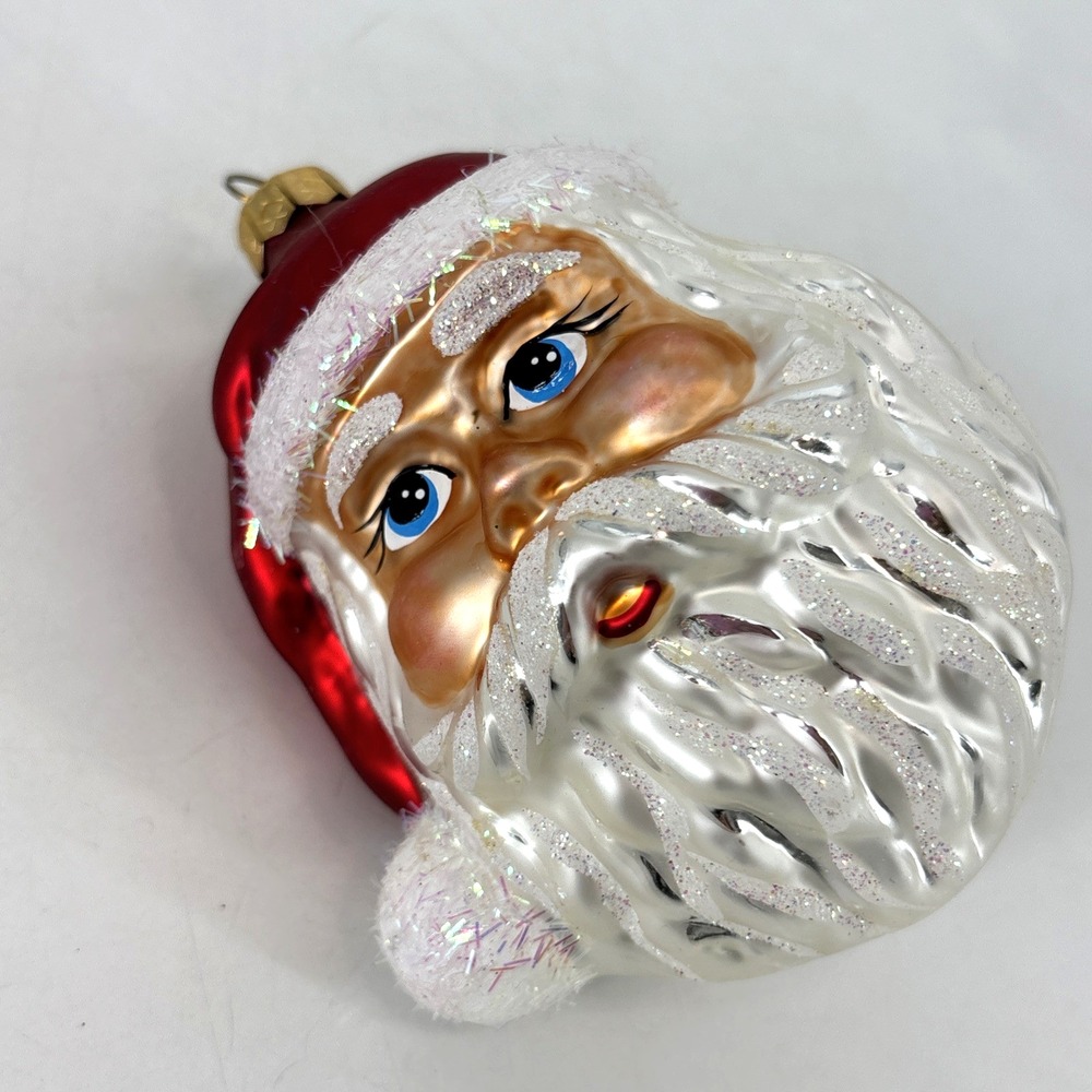 Impuls Glass Santa Face Hand Painted Santa Claus Christmas Ornament Poland 5.25" - Picture 2 of 10